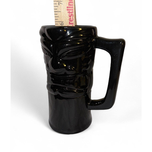 Black Ceramic Tiki Mug Polynesian Barware Retro Cocktail Drink Cup Gloss Finish - Picture 7 of 7